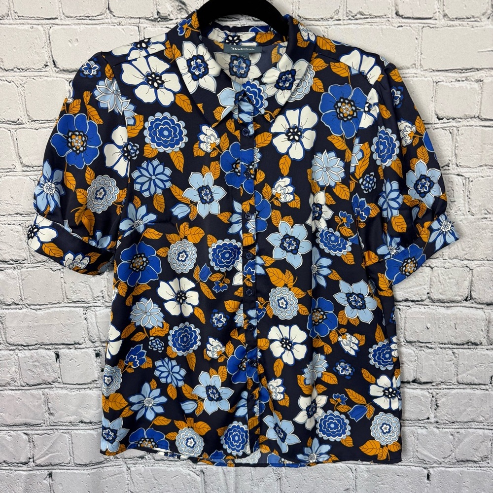 Modcloth Silky Satin Collared Navy Blue Mustard Floral Button Down Blouse Medium